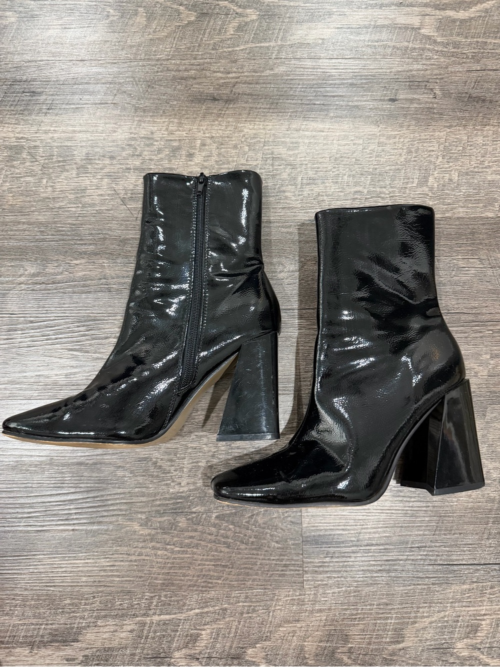 Black Patent Square-Toe Heeled Ankle Boots